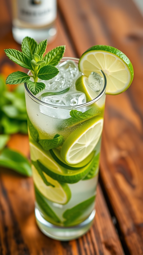 Tequila Mojito Fusion cocktail in a tall glass with mint and lime garnish on a wooden table.